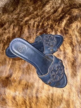 Tory Burch Navy Leather Logo Slide Mules